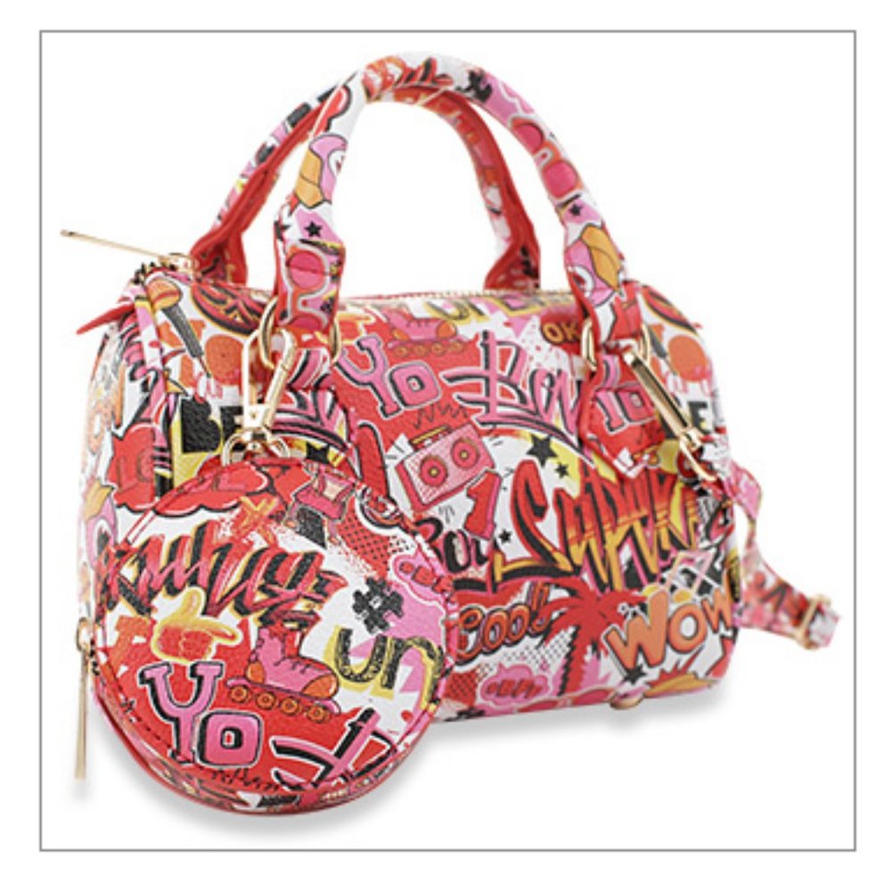 Graffiti Cartoon Print Petite Crossbody Handbag with Coin Purse Red